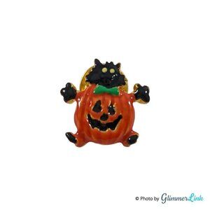 Vintage KC Cat Bowtie Wearing Jack O Lantern Enamel Gold Tone Pin, Whimsical